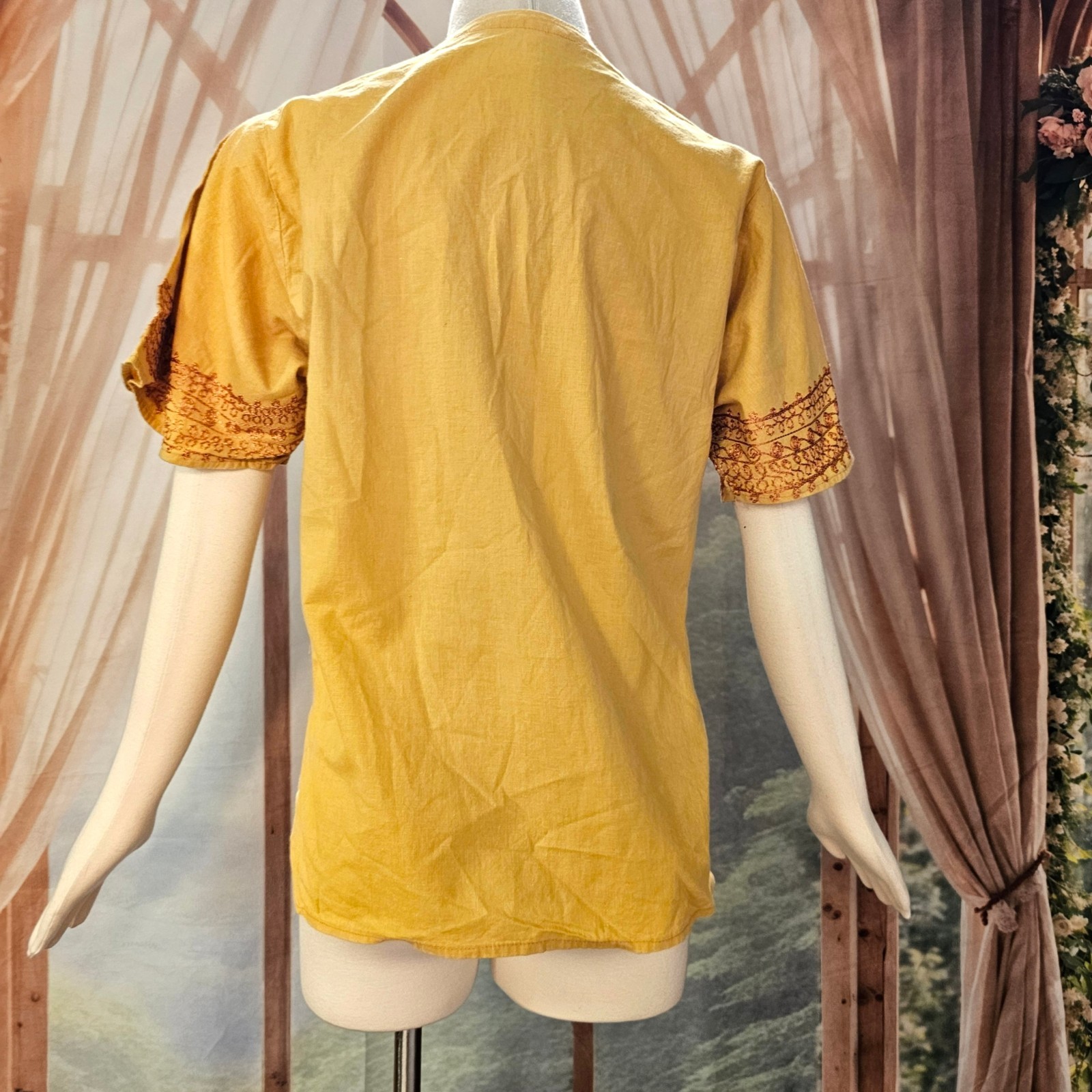 Vintage 1970s Blouse Top Shirt Mustard Yellow Embroidered India Short Sleeve