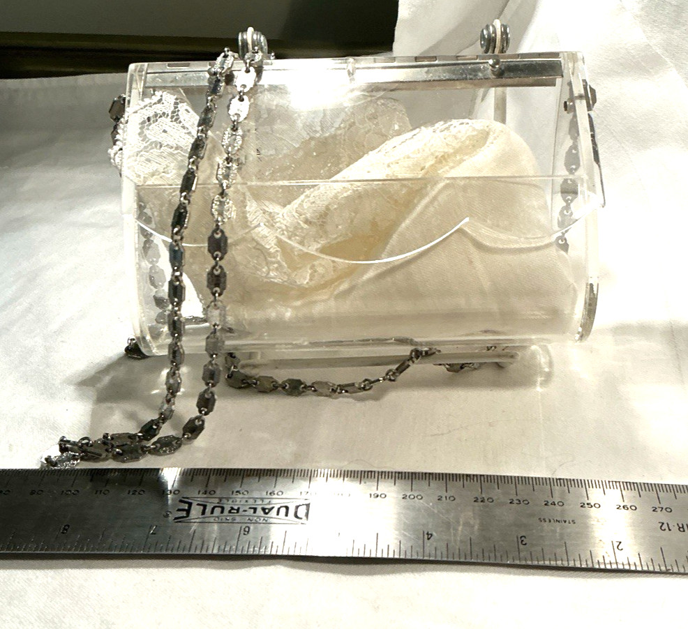 Vintage Clear Plastic Shoulder Evening Bag Silver Chain 21″ Drop Excellent