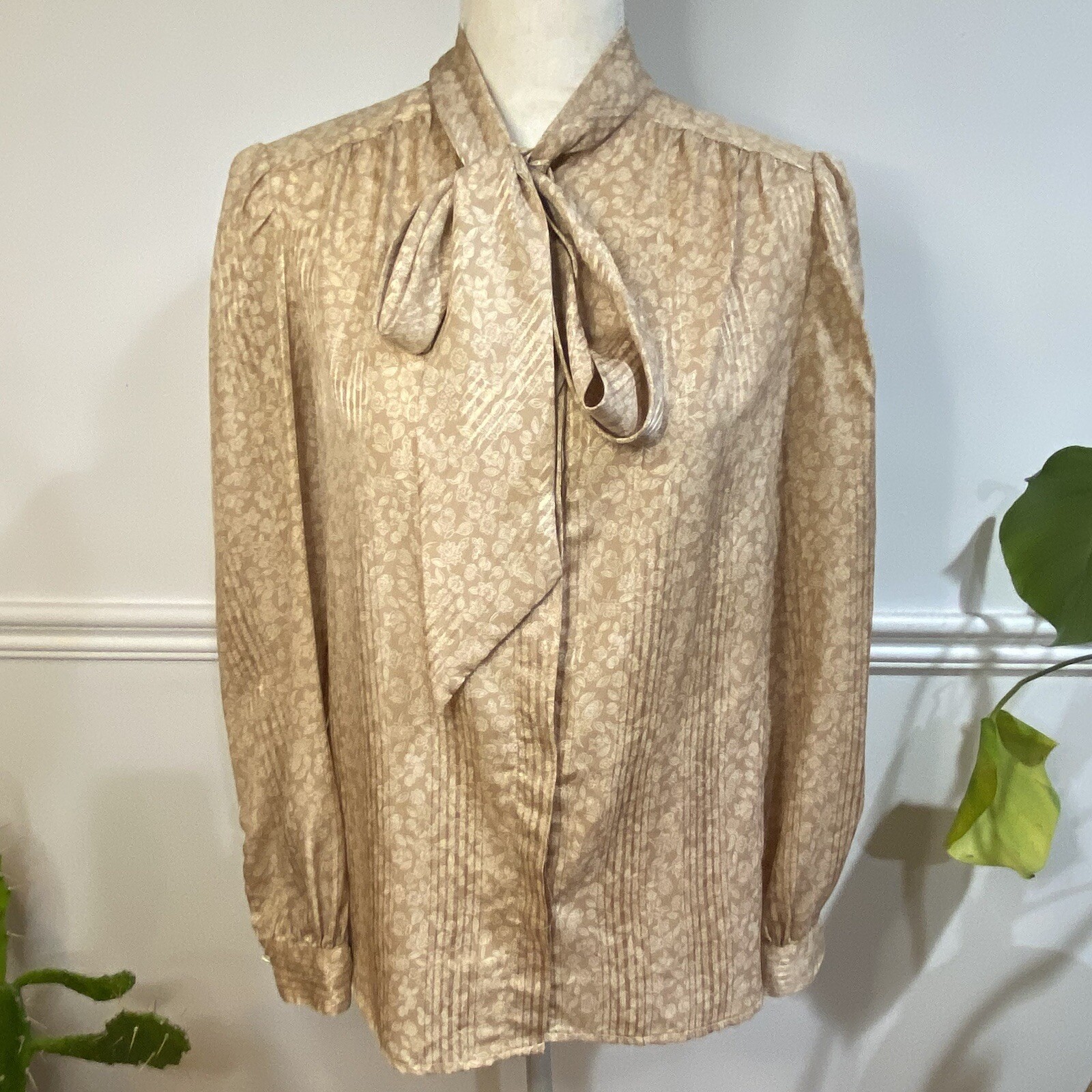 Vintage 80s Evan Picone Petite Blouse Skirt Outfit Womens XS Sheer Beige Satin