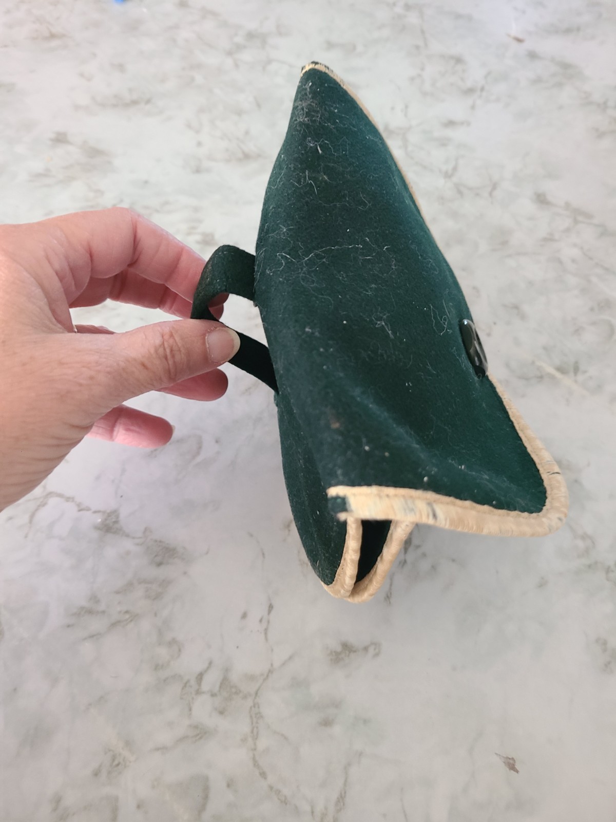 Antique Green Felt Pouch with Tan Trim, Button Closure, & Belt Loop (Fox Hunt?)