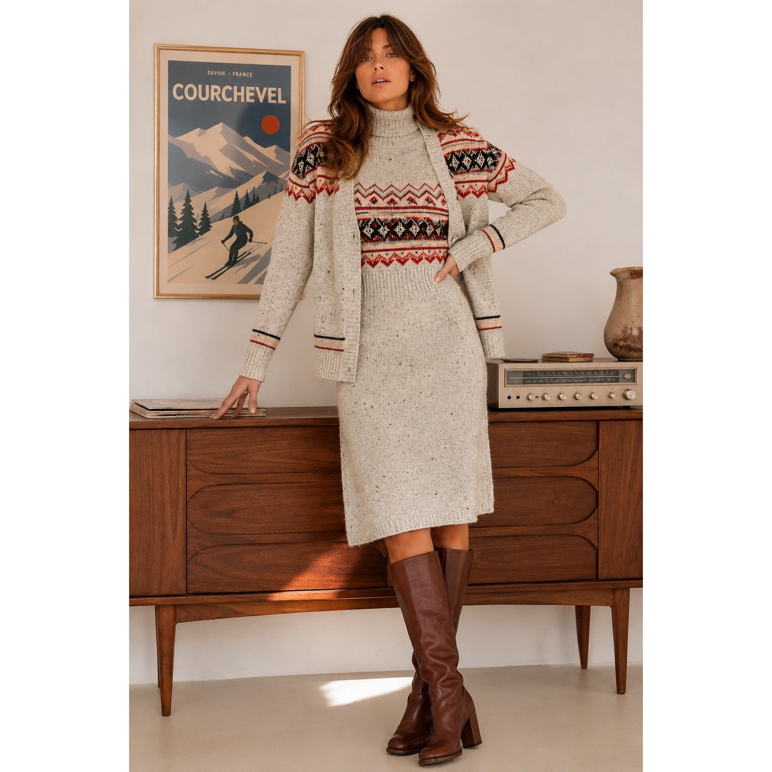 Vintage R2 Wool Blend Fair Isle Sweater Dress Cardigan Set 7 Preppy 70s Nordic