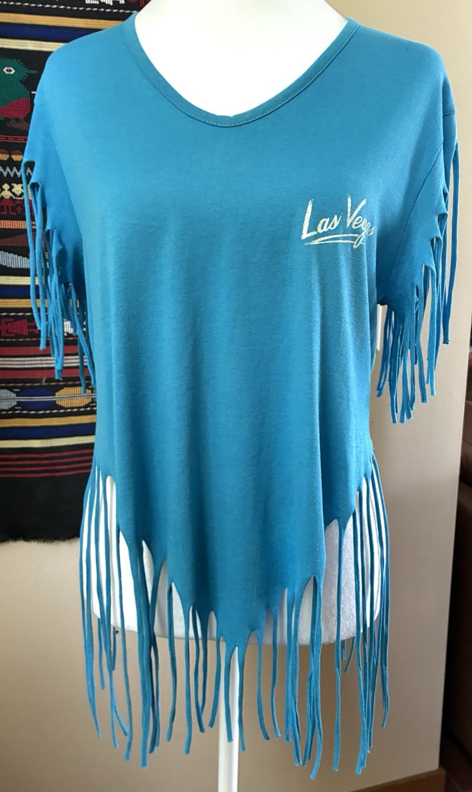 Vintage 80s 90s Las Vegas Teal Fringe Women’s T shirt Single Stitch size M