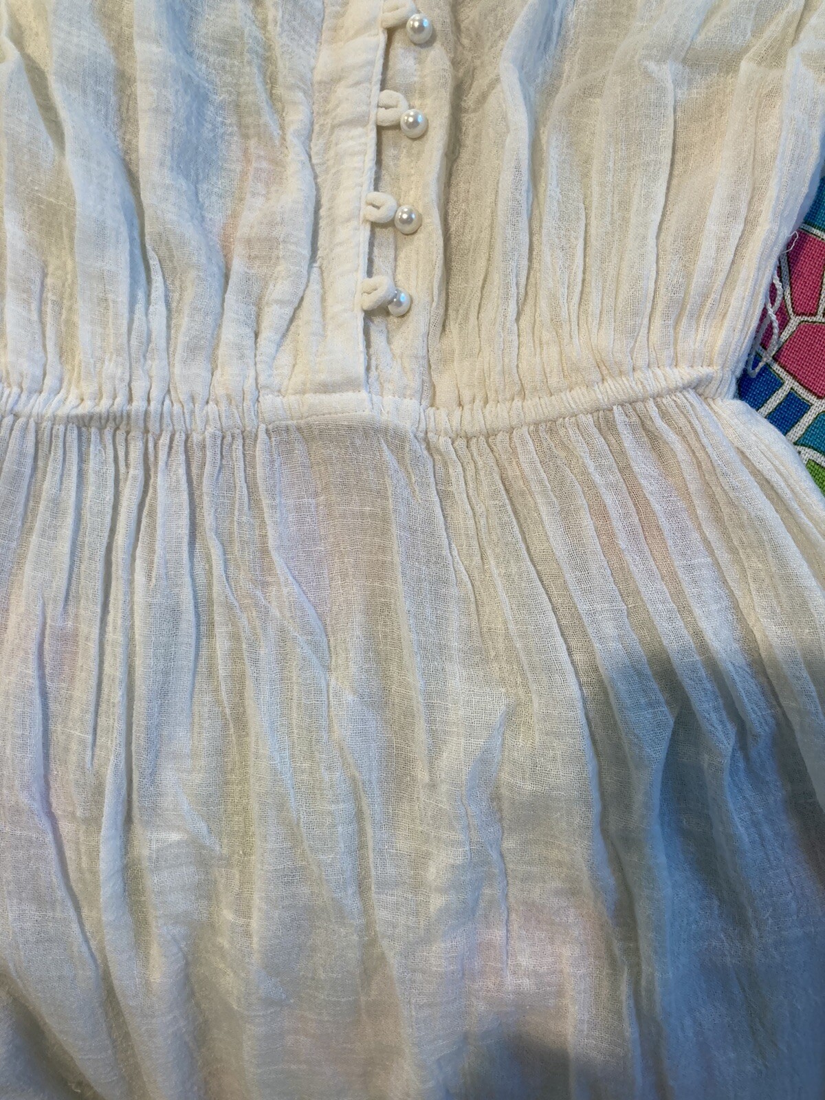 Vintage 1960s India gauze hippie dress, white full skirt crochet shoulder B 38