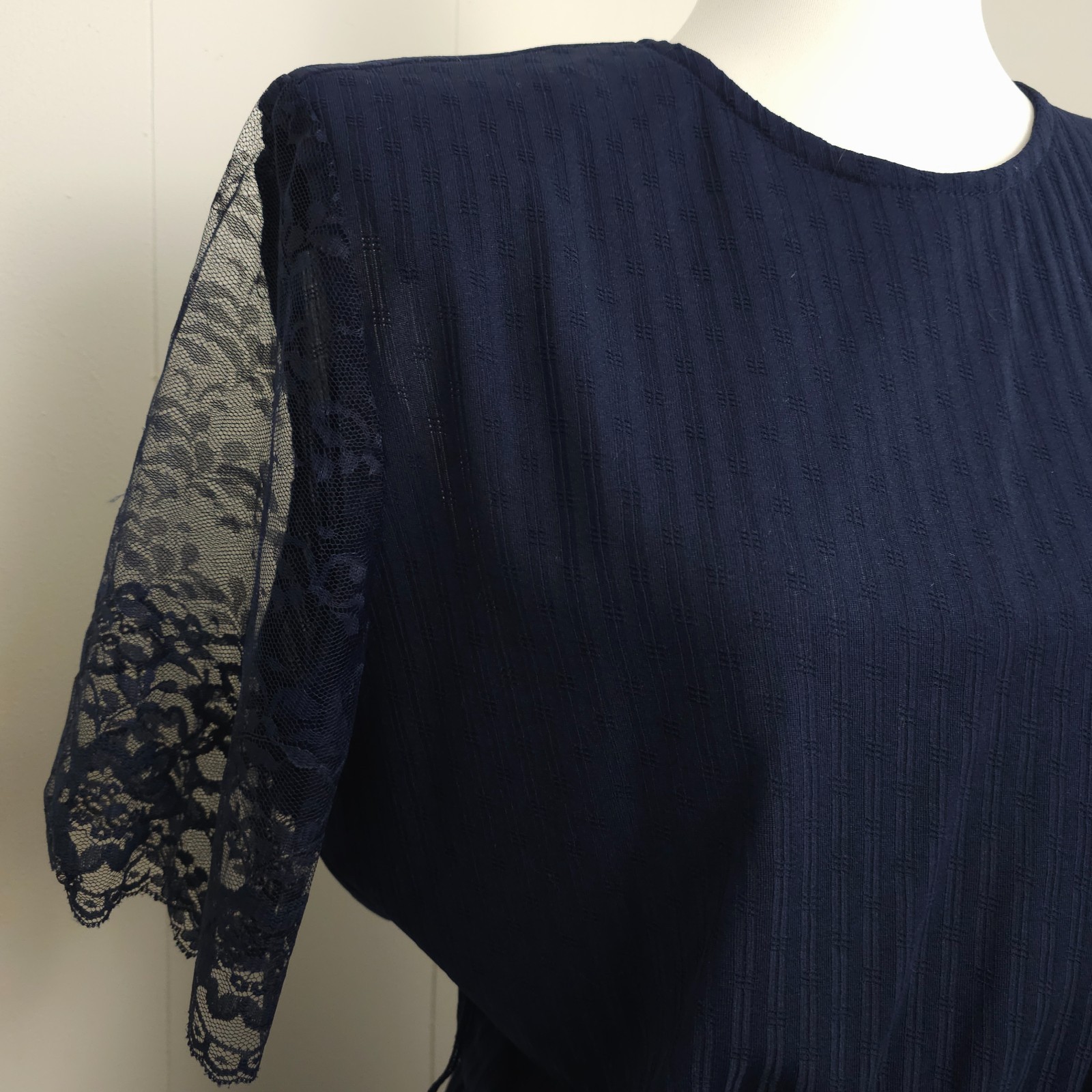 Vtg 1970s 80s Navy Sheer Lace Sleeve Dress Midi Secretary Geek USA Stripe Calif