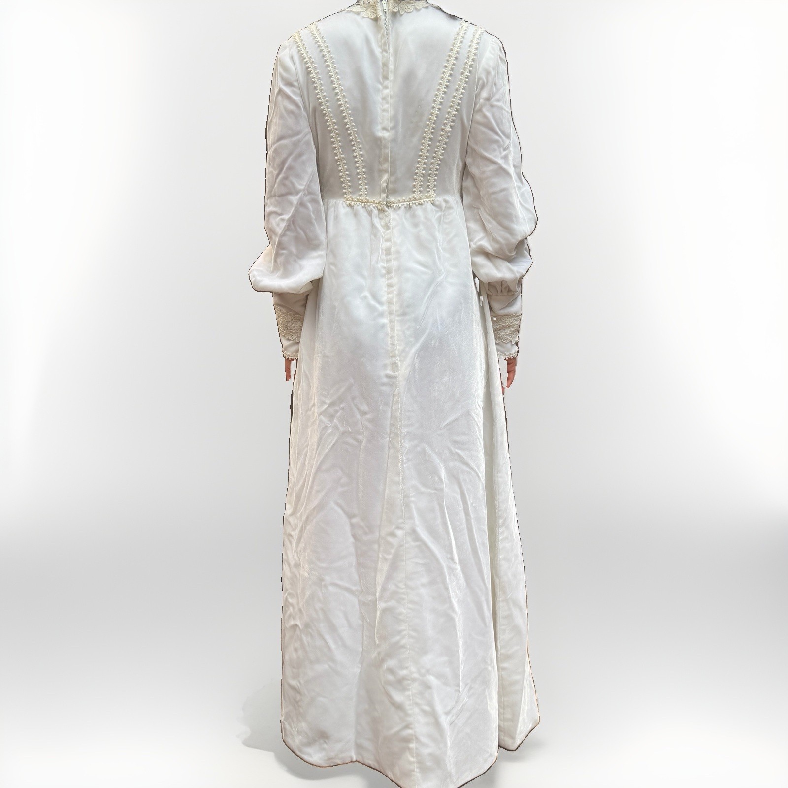 1970s Vintage Velvet Wedding Dress, Bishop Sleeve cuff And Bust Detail XS-Ivory