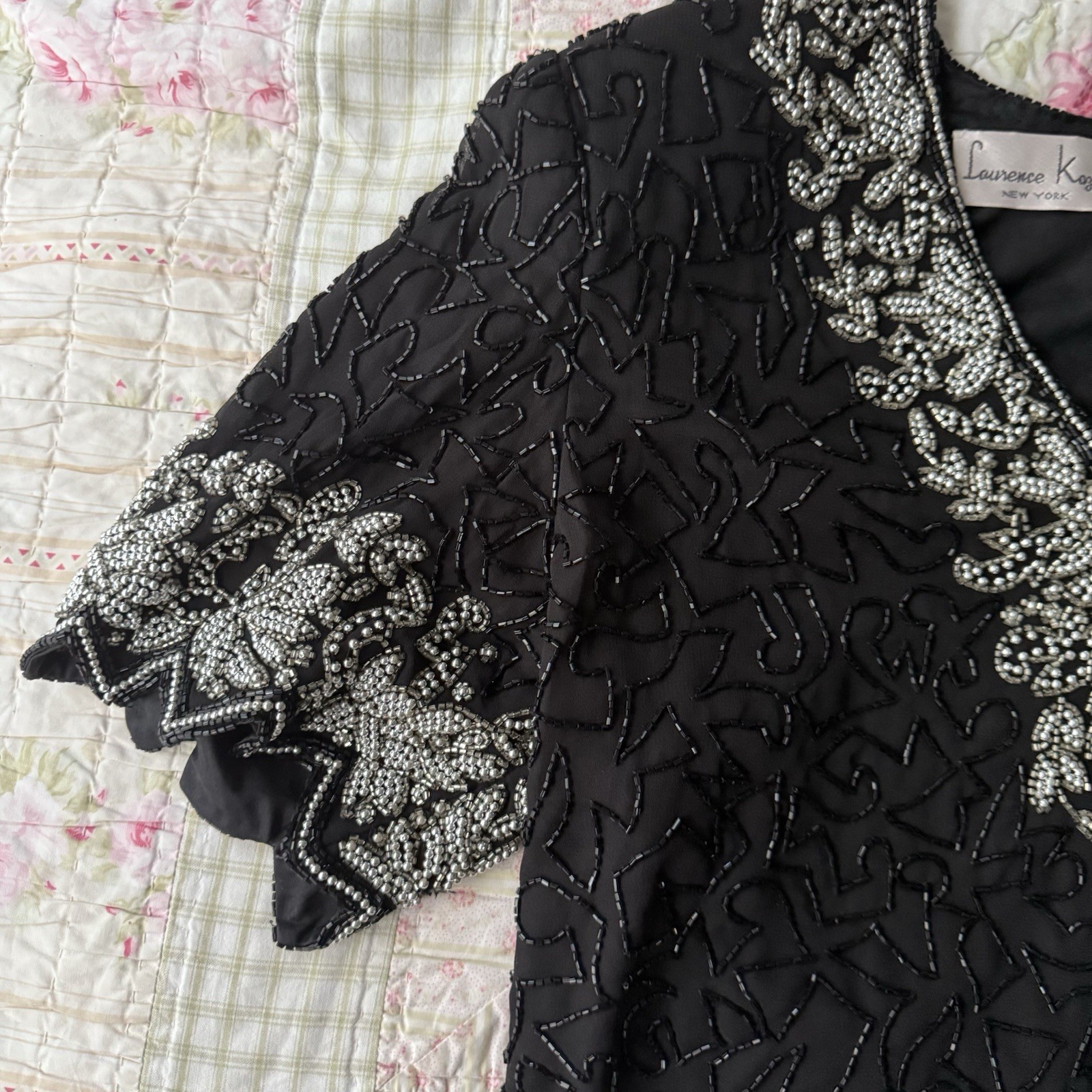 Laurence Kazar Size M Vintage Sequin Beaded Black Silver 80s Top Perfect