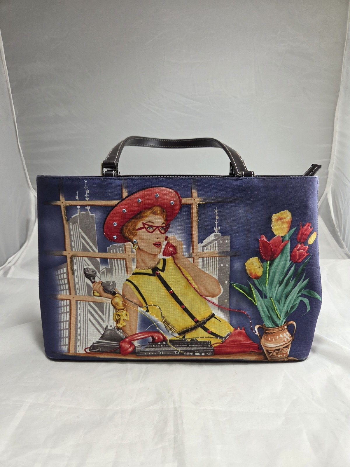 Vintage,1950s Retro Style,canvas Leather Handbag, 2 Sided, Front With Rinestone