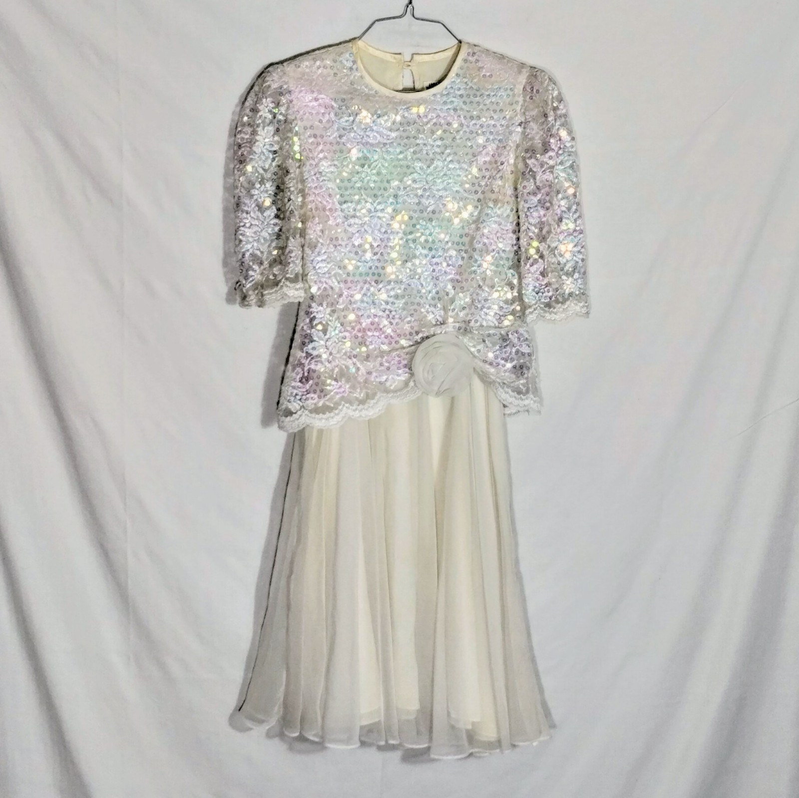 Vintage 80s Lisa Michaels Iridescent Sequin Lace Cocktail Dress Petite 8 USA