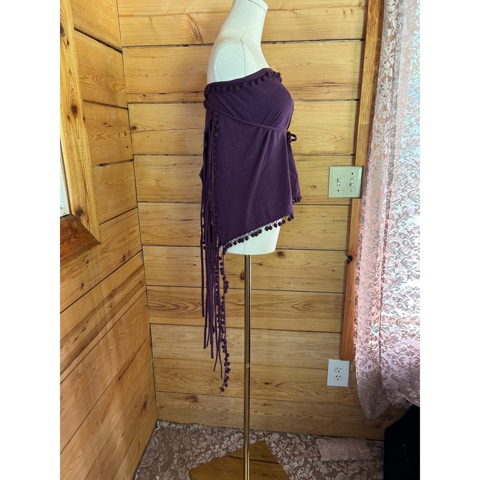 Vintage Purple Convertible Multiway Wrap Top Skirt Scarf Boho Pom Pom Fringe Fes