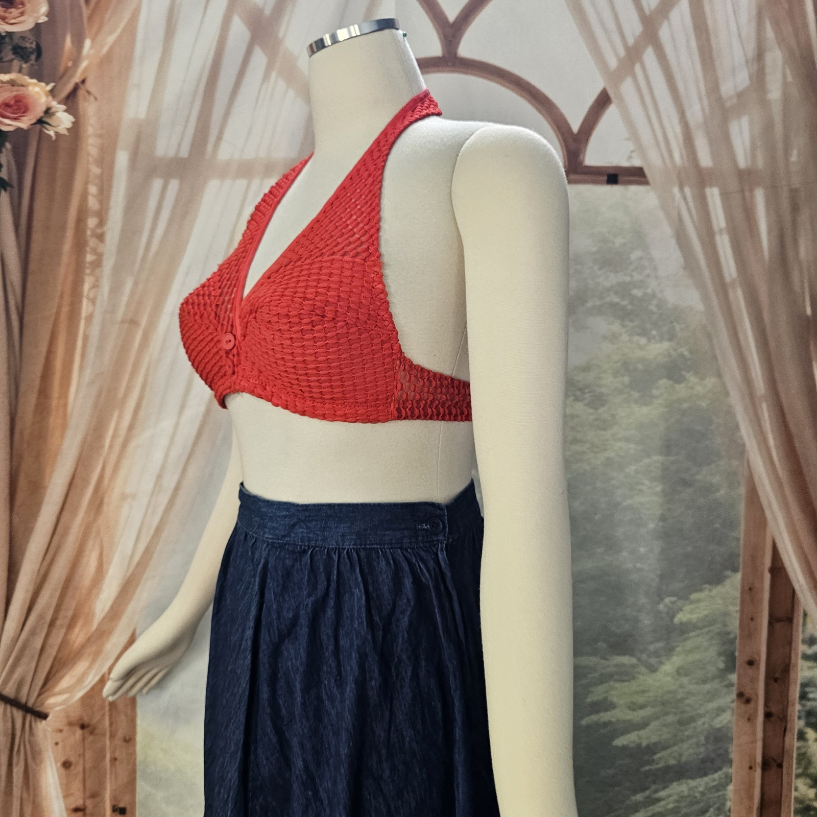 Vintage 1960’s Halter Top Bikini Crimson Red Lace De Luxe Fashions Retro