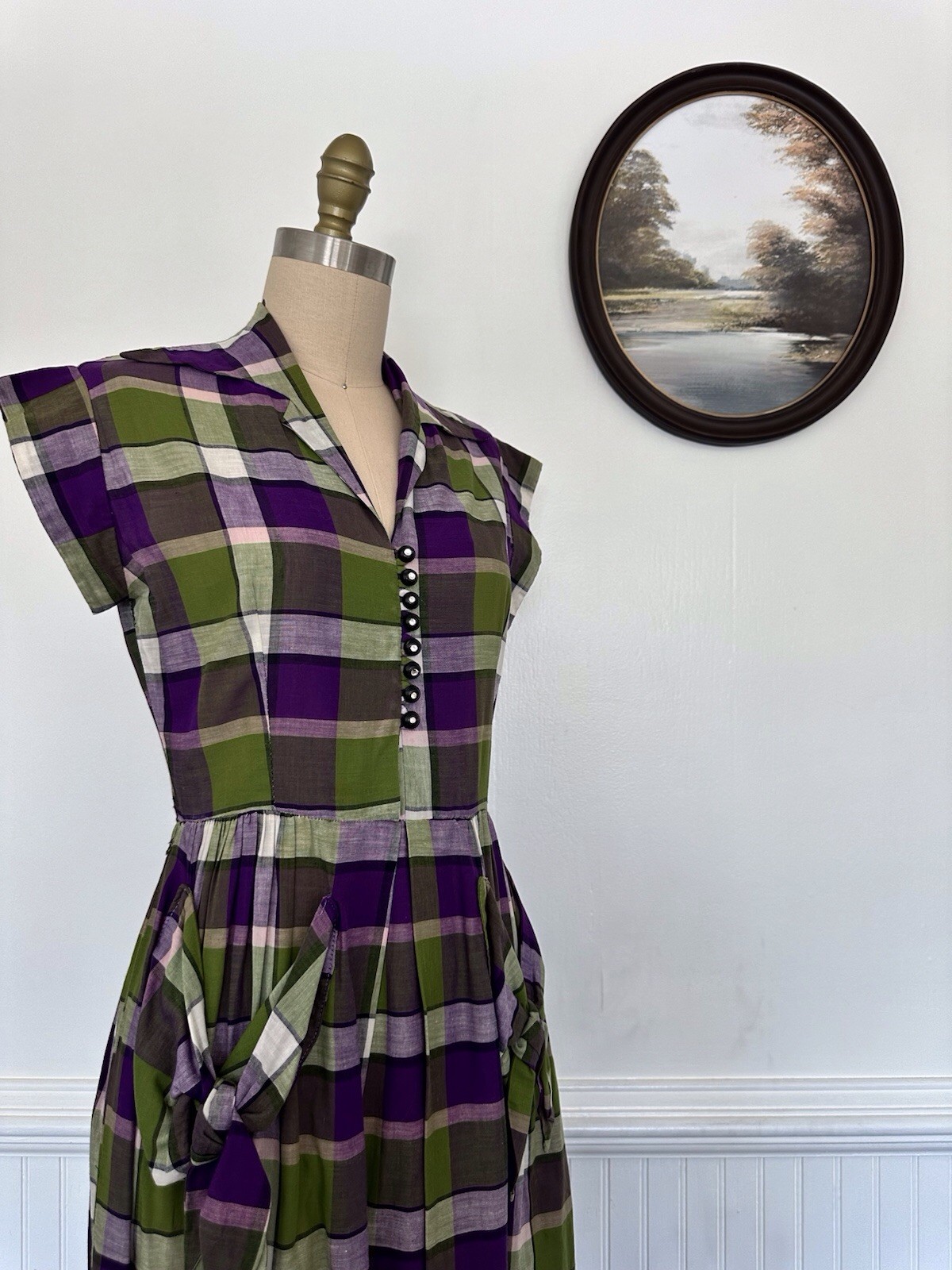 Vintage 1950s Plaid Green And Purple Dress With Pockets