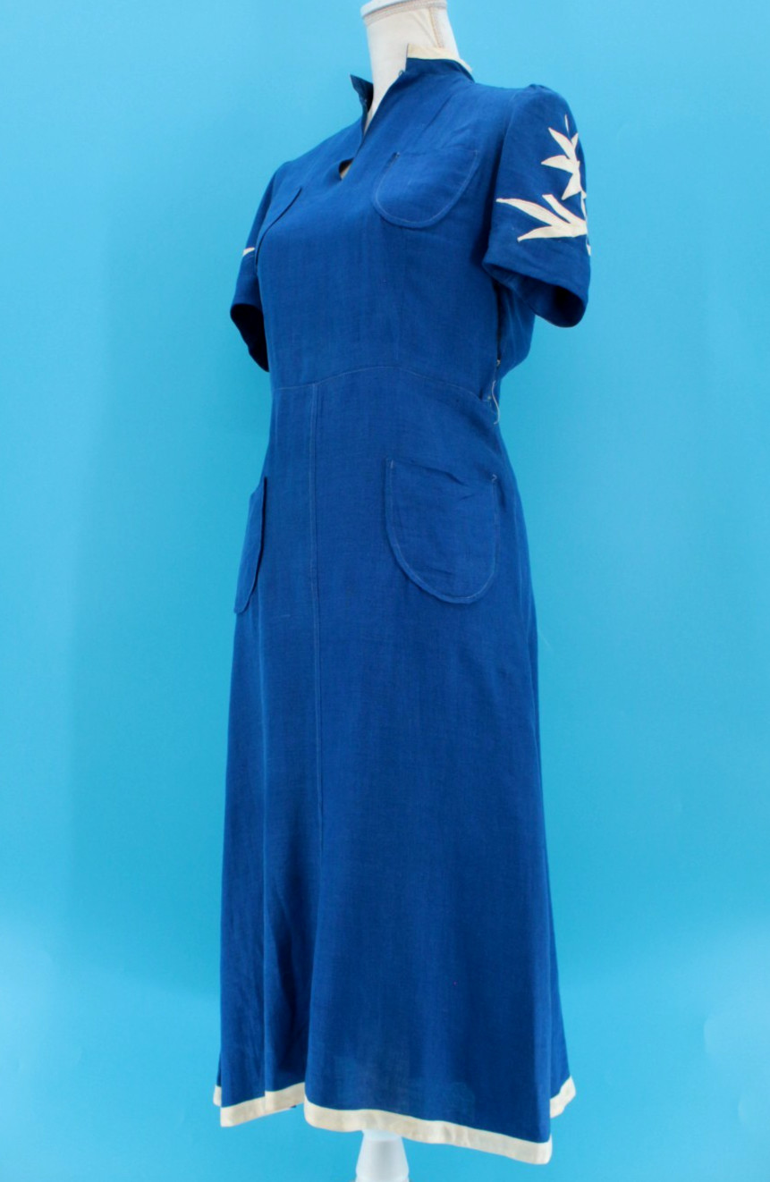 VTG Women’s 30s Royal Blue A Line Dress W/ Floral Applique’ Sleeves Sz S 1930s