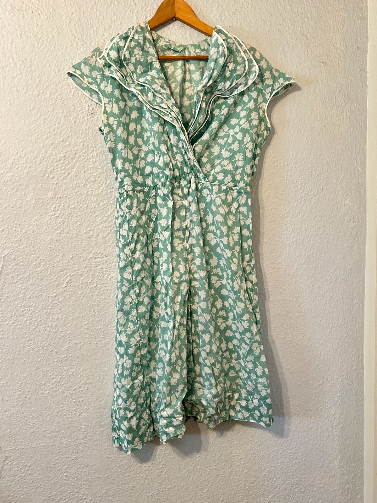 Vintage 1930’s Womens Sz M/L Green Floral Day Dress Ruffle Collar Cotton Jacket