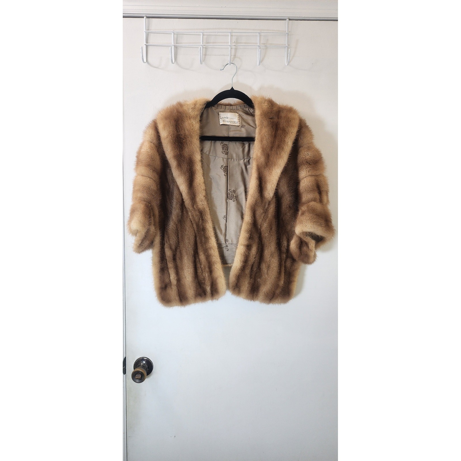 VTG Burdine’s of Florida Mink Fur Stole Jacket Brown Cuffed Sleeve Shawl Coat