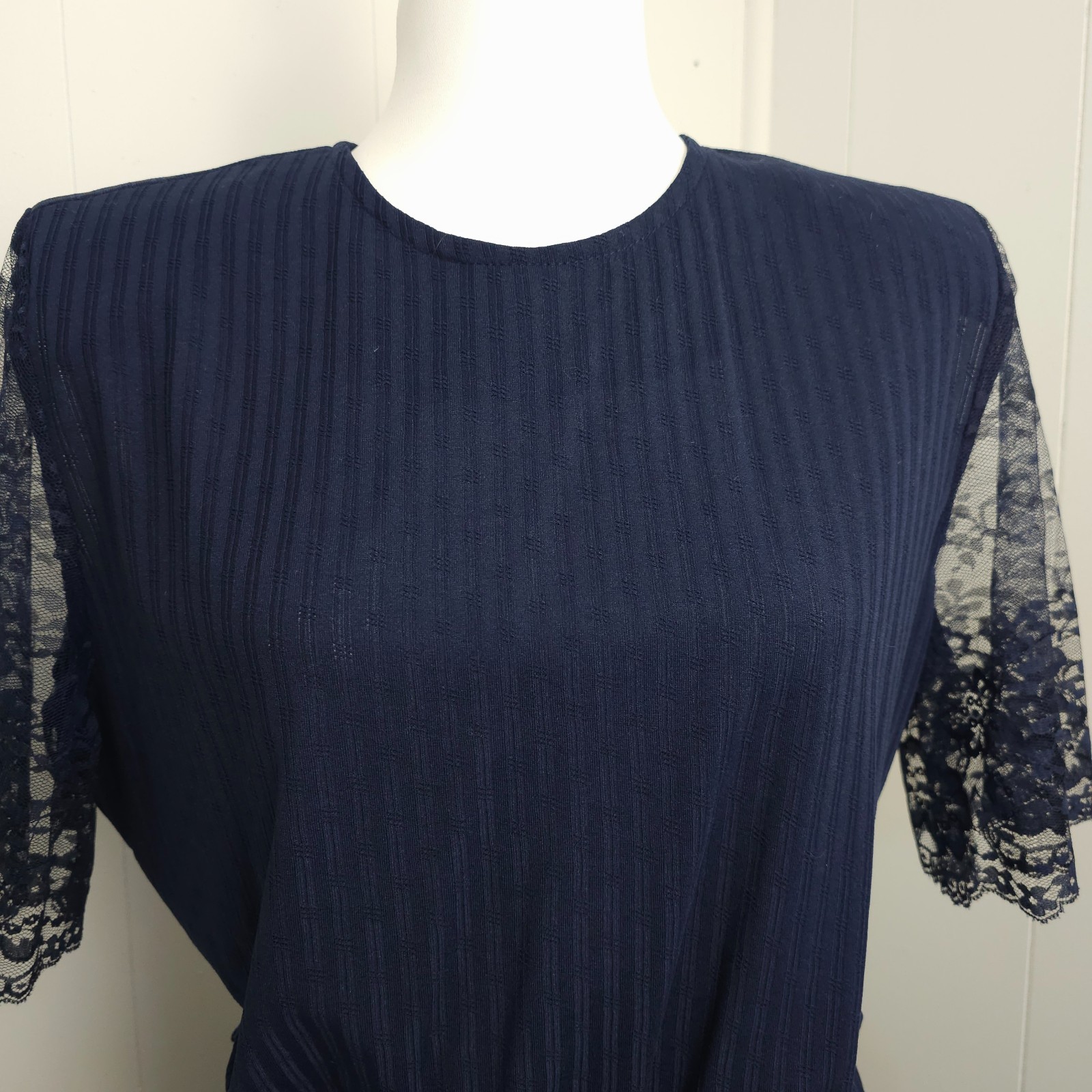 Vtg 1970s 80s Navy Sheer Lace Sleeve Dress Midi Secretary Geek USA Stripe Calif