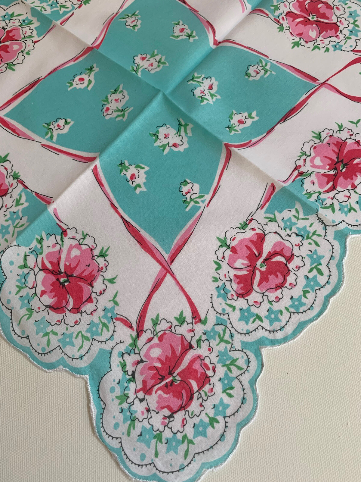 Beautiful New LuRay Handkerchief Hankie! Stunning Aqua & Red Pansy Bouquets !
