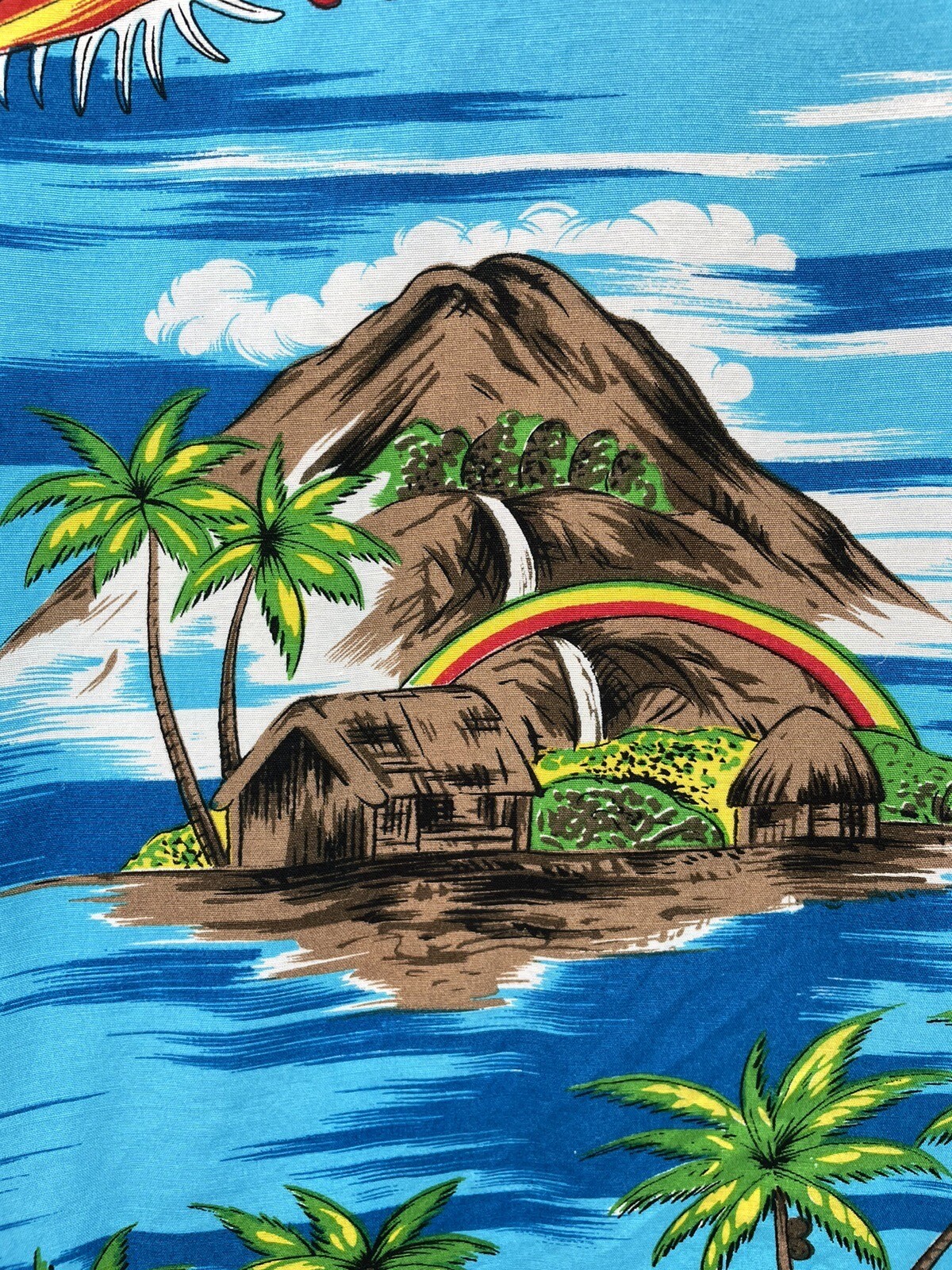 VTG 70s Hawaiian Holiday Hawaiian Shirt Rainbow Volcano RAYON KOREA SZ M (FLAW