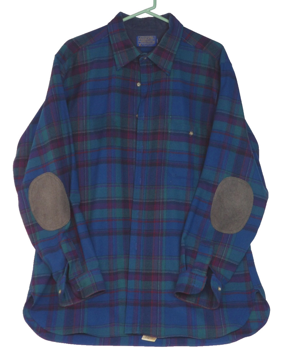 Vtg Pendleton Oregon 100% Wool Green Cobalt Plum Plaid Western Shirt XL Long