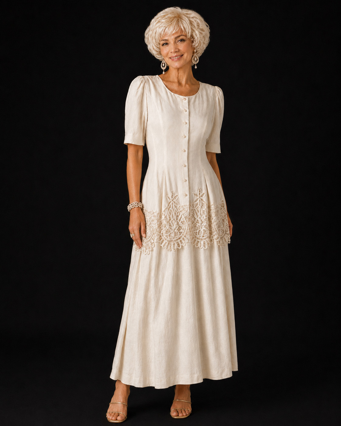 Vintage Plaza South Ivory Linen Rayon Lace Peplum Dress Size 6 49″ Wedding Guest