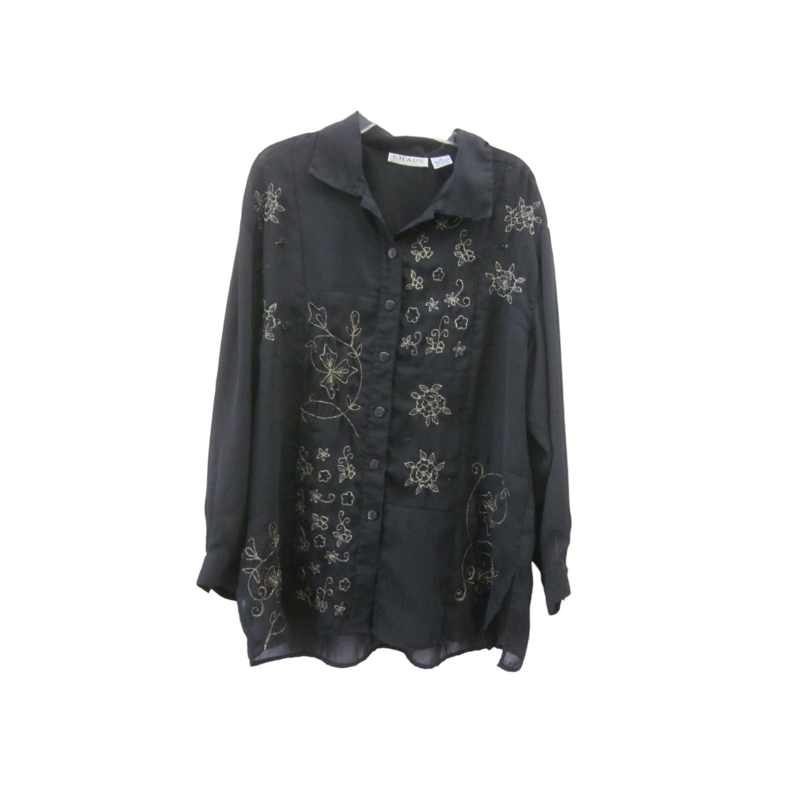 VTG CHAUS Black Patchwork Long Sleeve Blouse w/ Gold Embroidery Sequins Beads 16