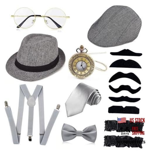 GIFIKOI 1920s Mens Costume Accessories Outfit Fedora Hat Vintage Roaring Grey