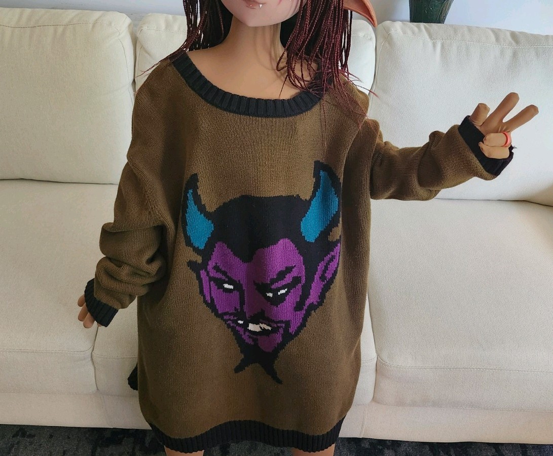 Rare VTG Betsey Johnson Green Purple Devil Cotton Tunic Dress Sweater Used