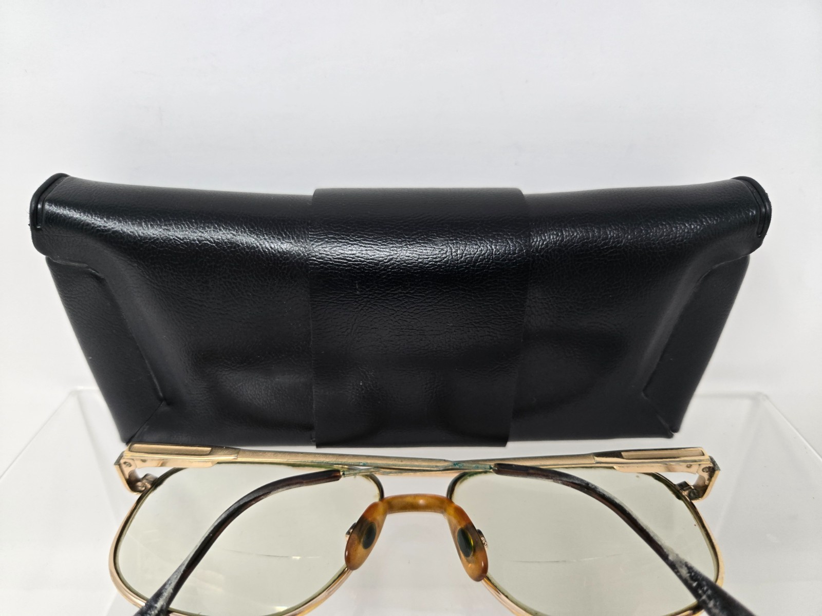 Vintage Aviator Glasses Gold Frame Full Amber Nose-Guard Bifocal with Black Case
