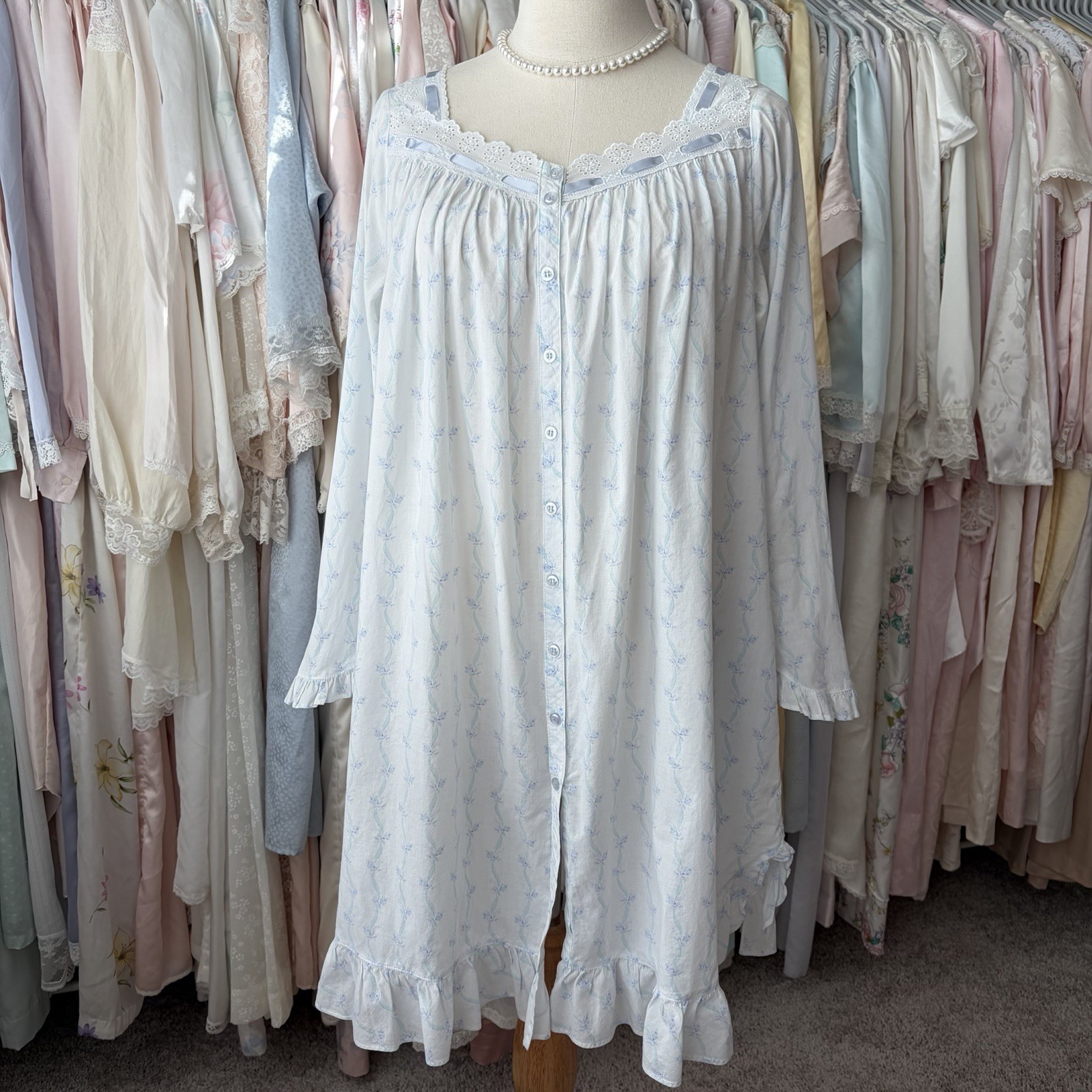 vintage y2k eileen west blue ribbon floral cotton nightgown pockets