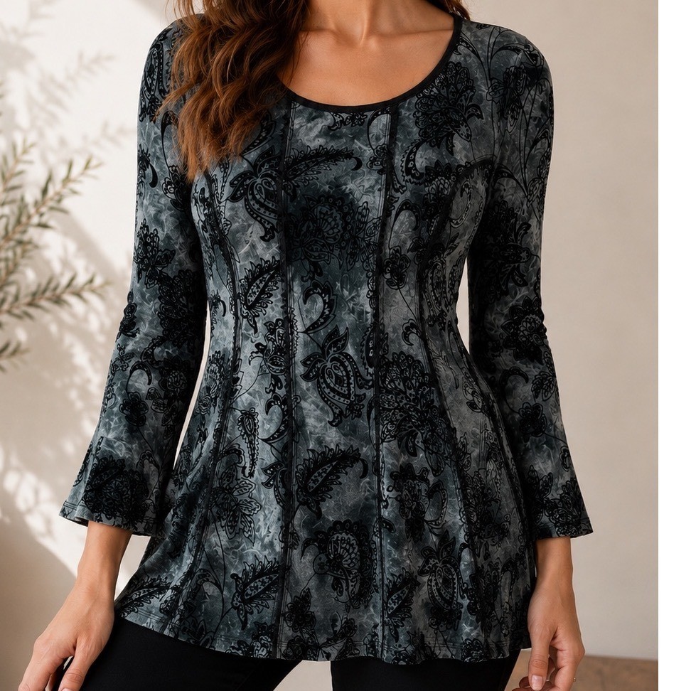 Y2K Fairy Grunge Black Burnout Velvet Top XL Floral Boho Bell Sleeve Whimsigoth