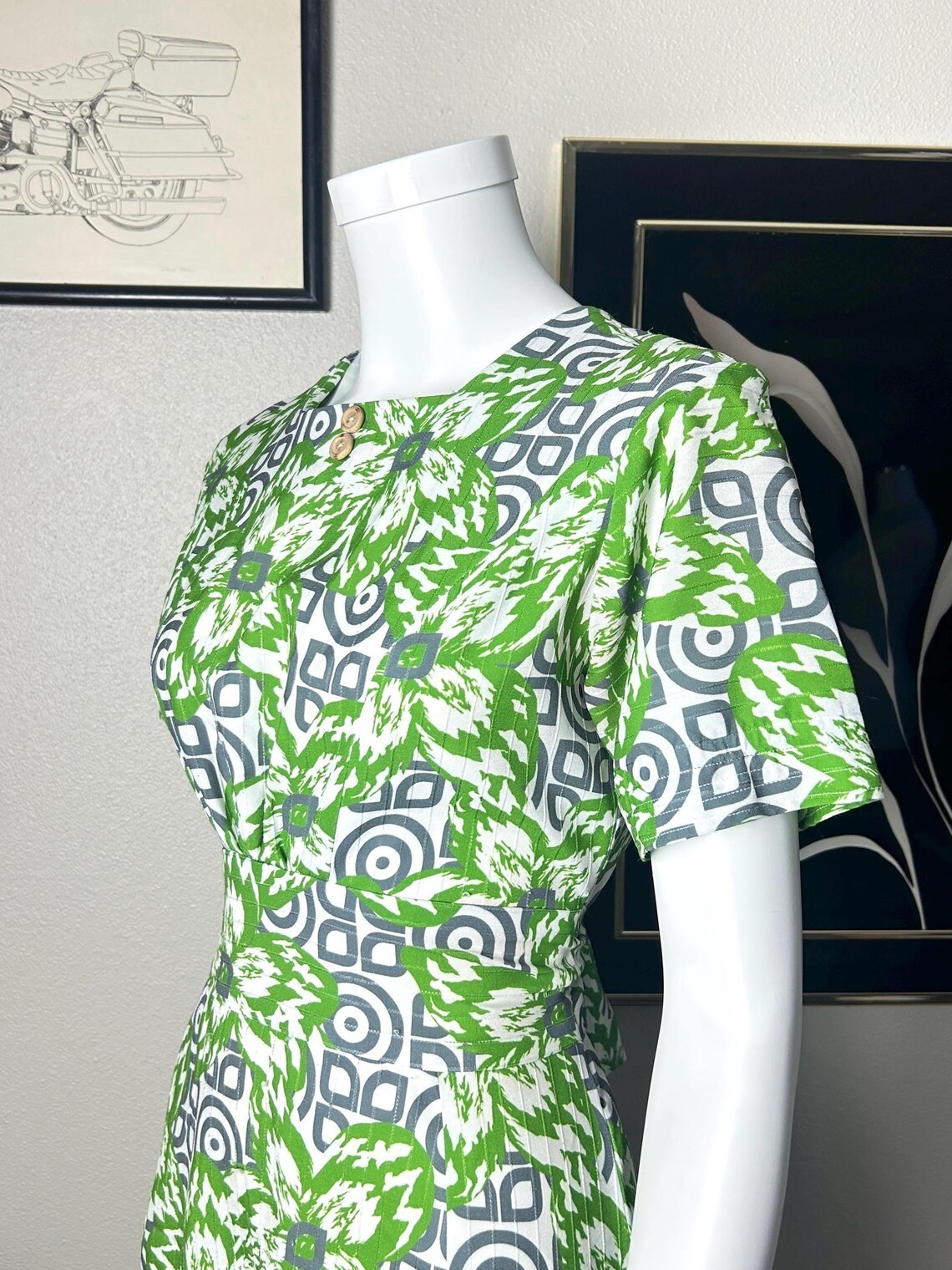 Vintage 60s/70s Geometric & Floral Print Mod Maxi Dress