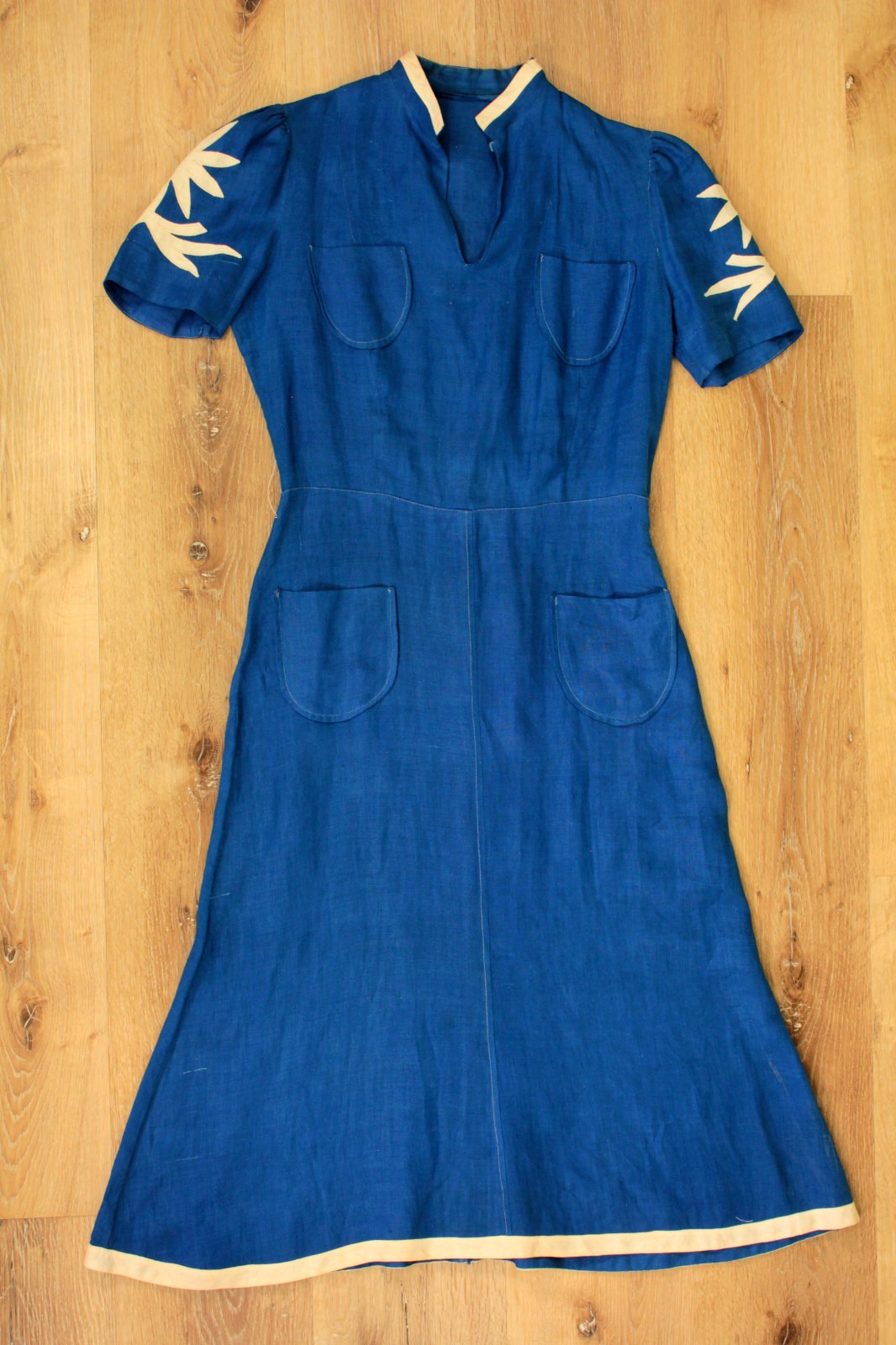 VTG Women’s 30s Royal Blue A Line Dress W/ Floral Applique’ Sleeves Sz S 1930s