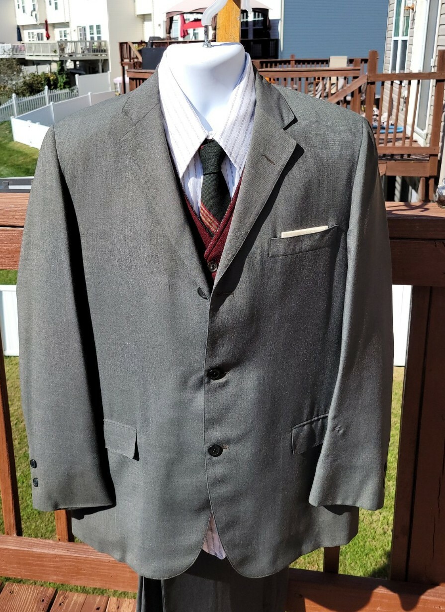 VTG 50s Union Made Haspel Suit, wool Vest, shirt, & Tie, pants 31×28 Jacket 41R