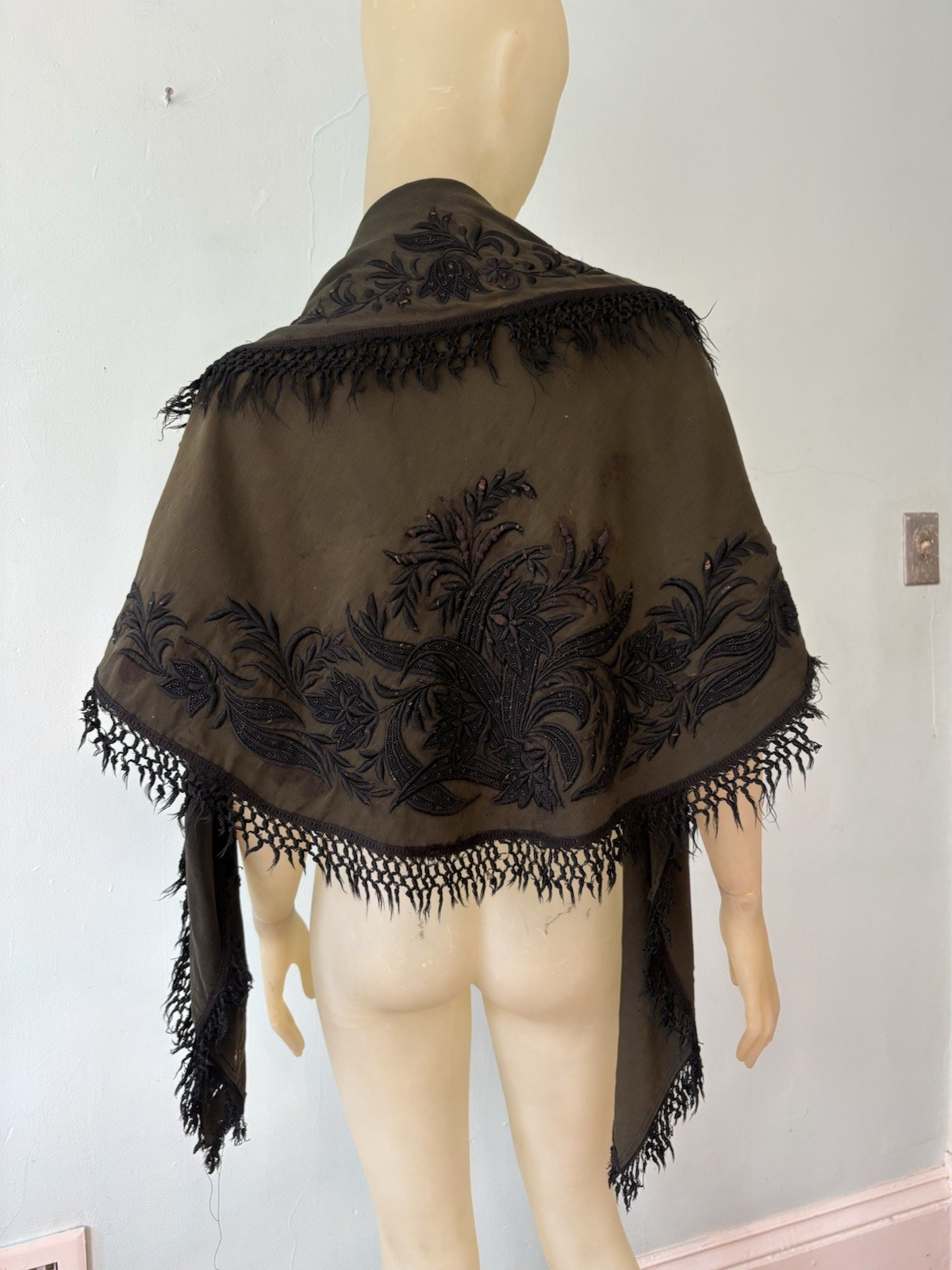 Antique 1800s Victorian Dark Green Wool Shawl Silk Embroidery Glass Beads Fringe