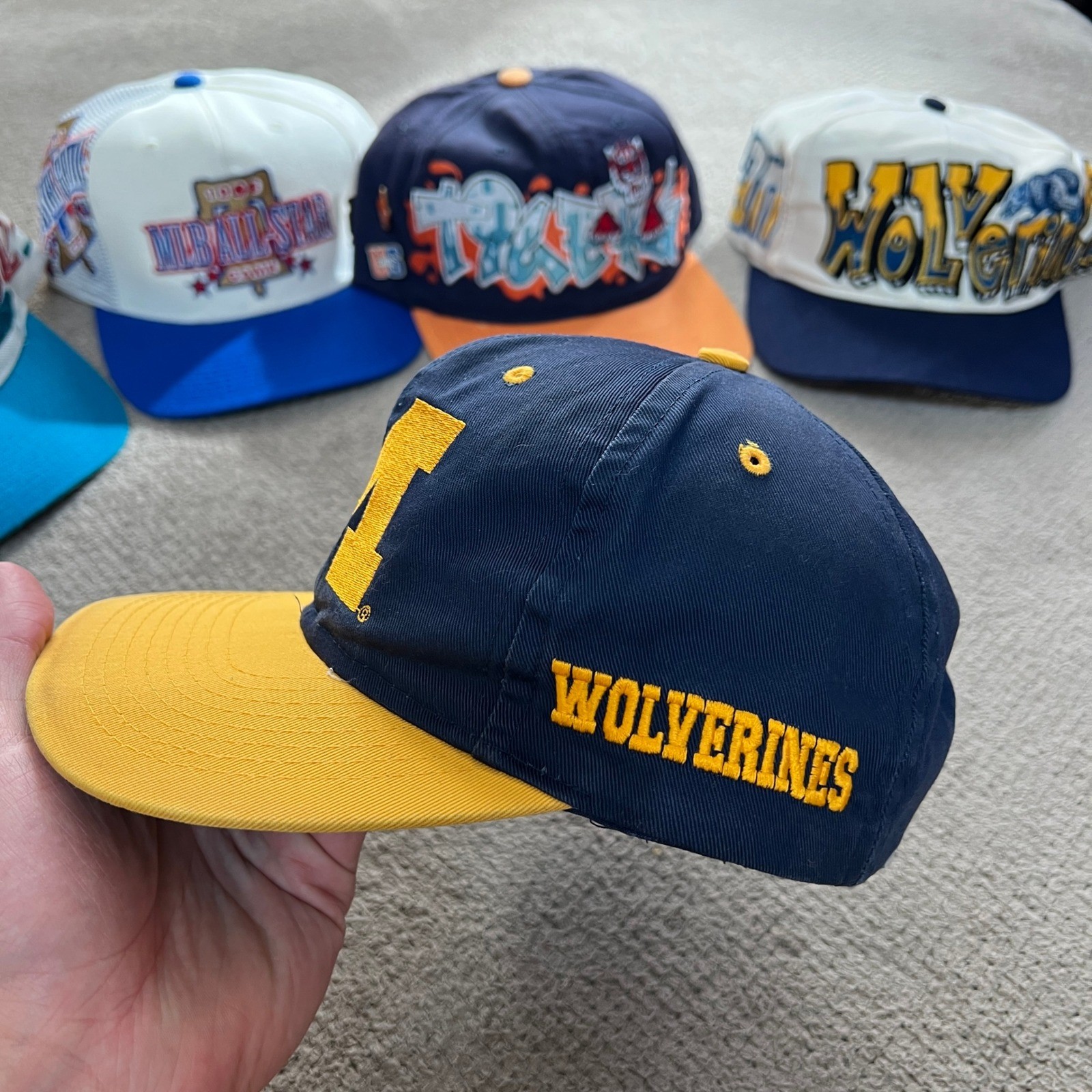 Vintage 1990s Michigan Wolverines Snapback Hat Navy Blue Yellow M Logo OSFA