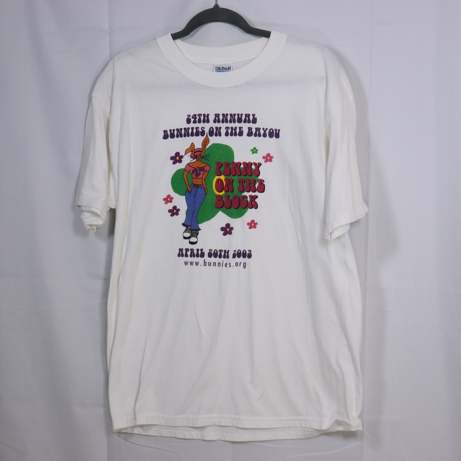 Gildan T-Shirt Large White Mens Bunnies on the Bayou Vintage Tee 2003
