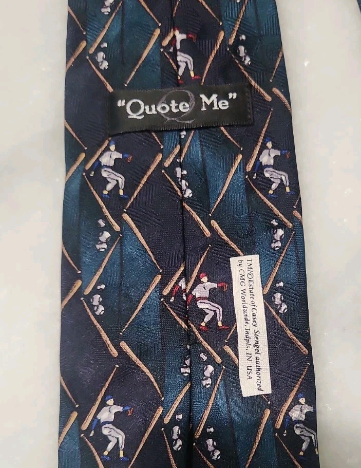 Sex Trouble Casey Stengel Navy + Teal 100% Silk “Quote Me” Baseball Necktie EUC