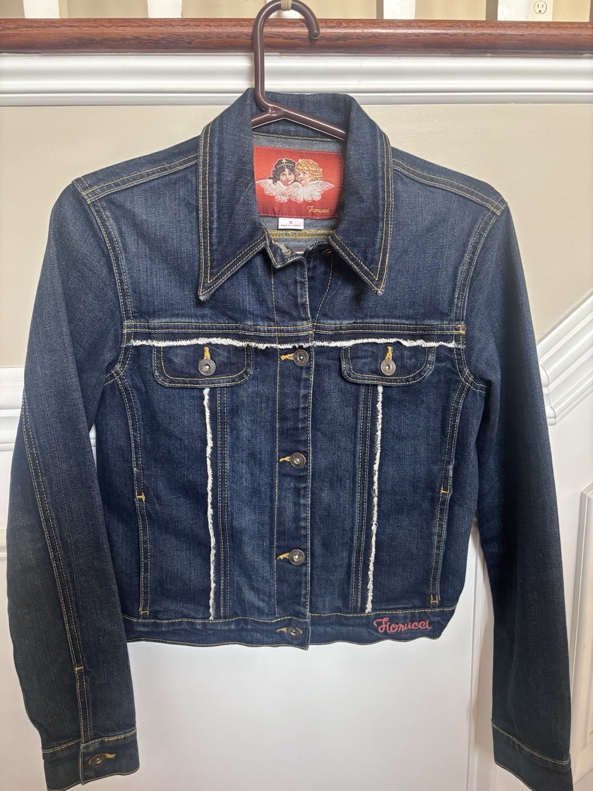 Fiorucci Vintage Dark Blue Denim Stretch Embroidered Jean Jacket, Women Small