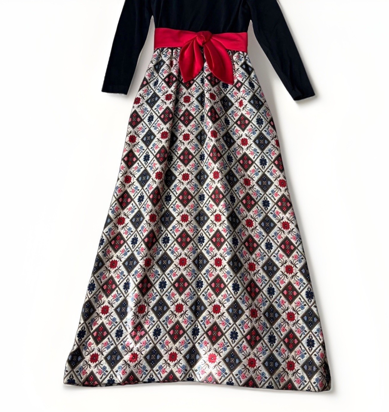 Vintage Retro Maxi Dress Black Bodice Bow Waistband Floral Jaquard Skirt XS