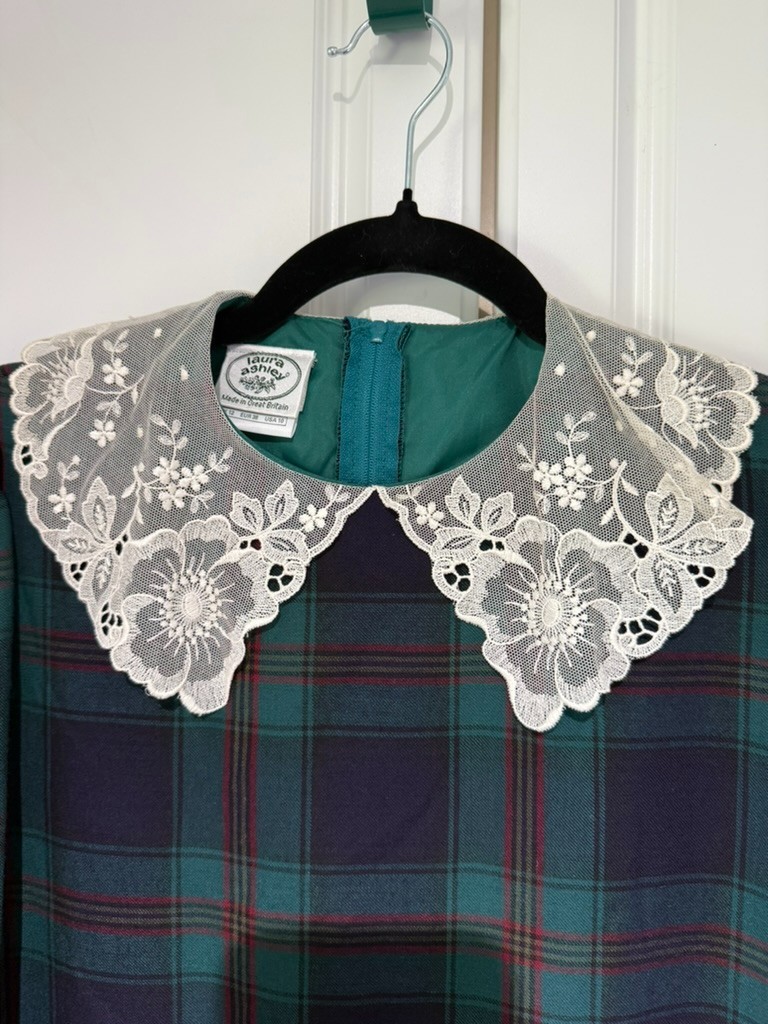 Vintage 1980s Laura Ashley Plaid Dress | Lace Collar | Made in Great Britain