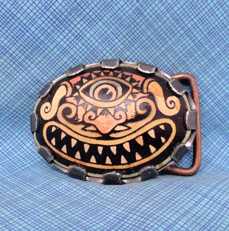 Tribal Totem Cyclops Leather Belt Buckle Eye Boho Art Tattoo Vtg Artisan .NOX883