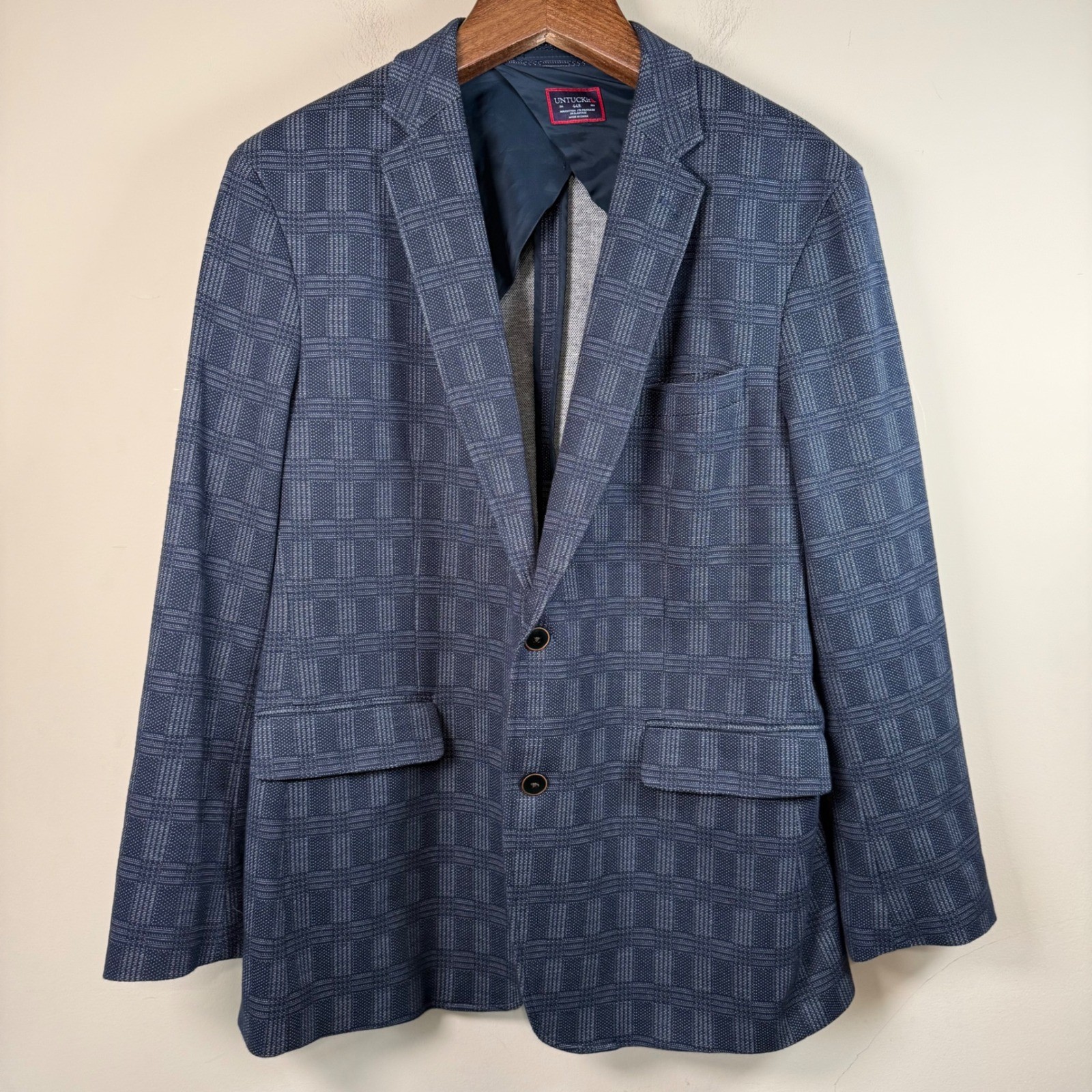 UnTuckit Blue Windowpane Plaid Cotton Blend Blazer 44R Office Business Casual
