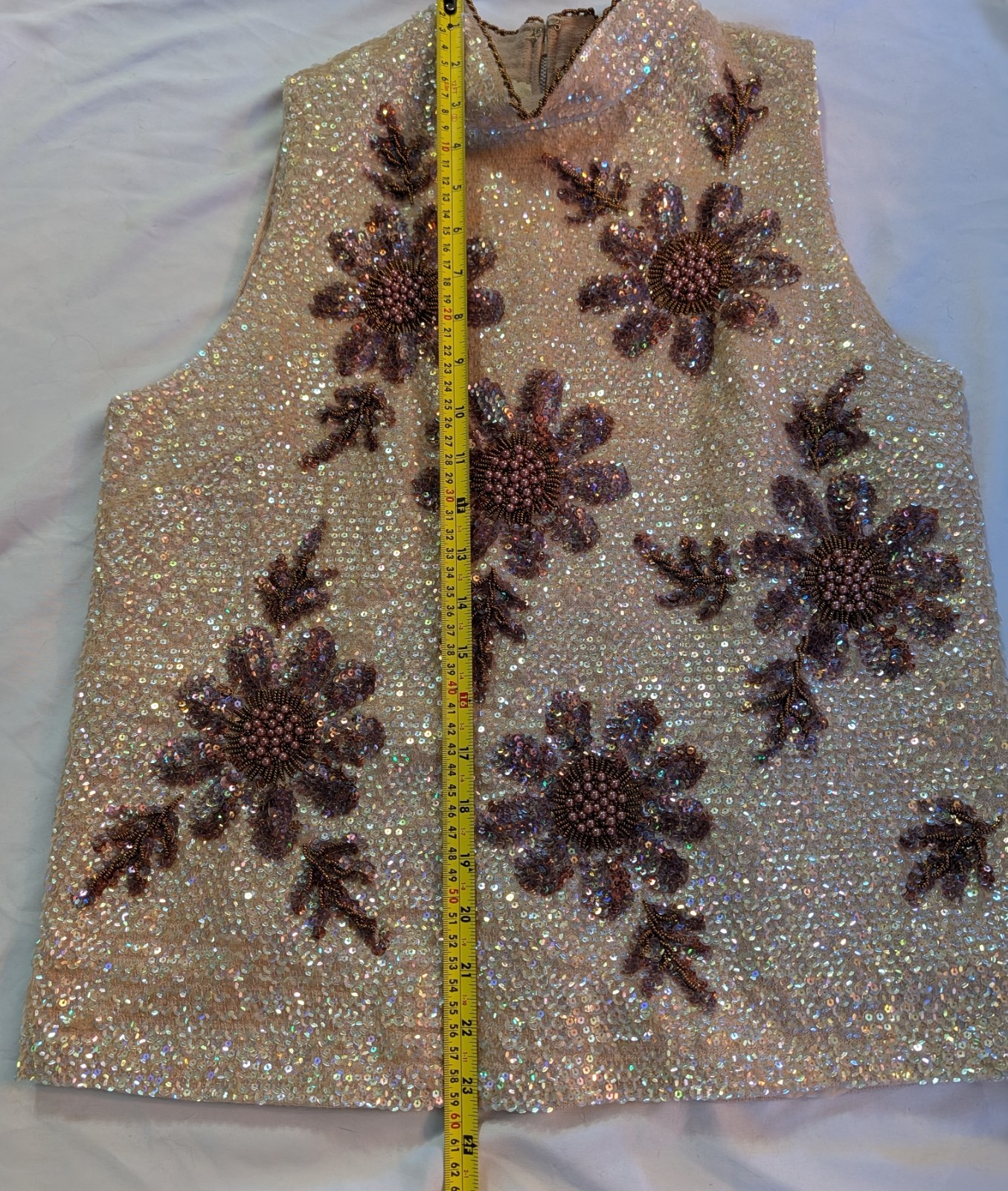 Valentina VTG Women Formal Top High Neck Sz L Sequin Dense Floral Beadwork 50s