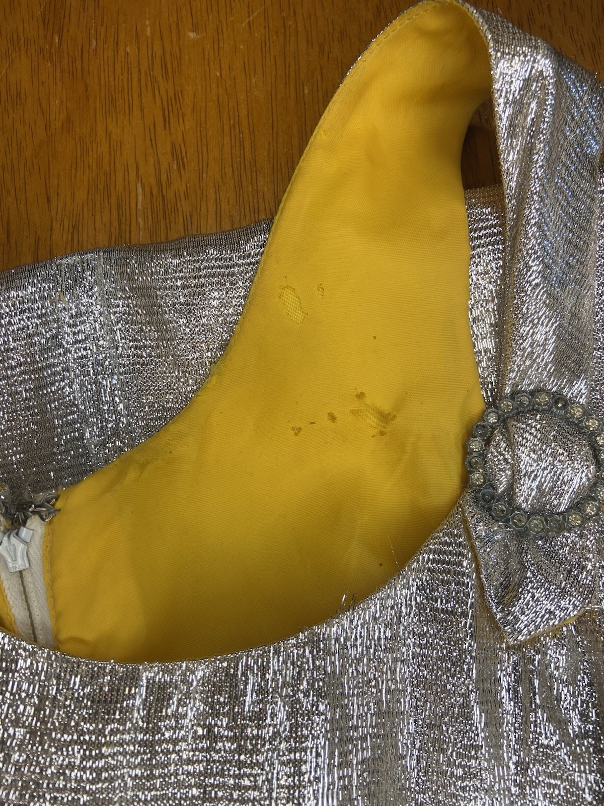 Vintage 60s Space Age Tinsel Foil Mini Dress Marigold Yellow Lining Mod GoGo S