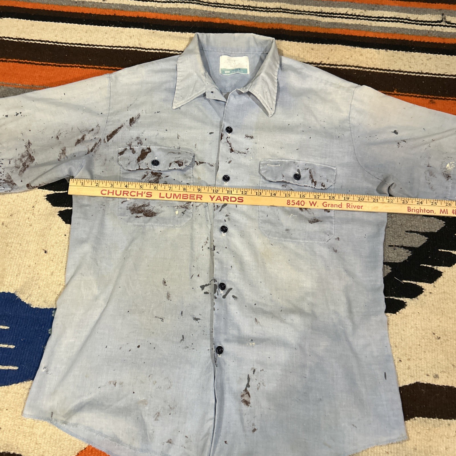 Vtg Distressed Paint Sears Sz L 16-16 1/2 Short Sleeve Blue Work Leisure Shirt