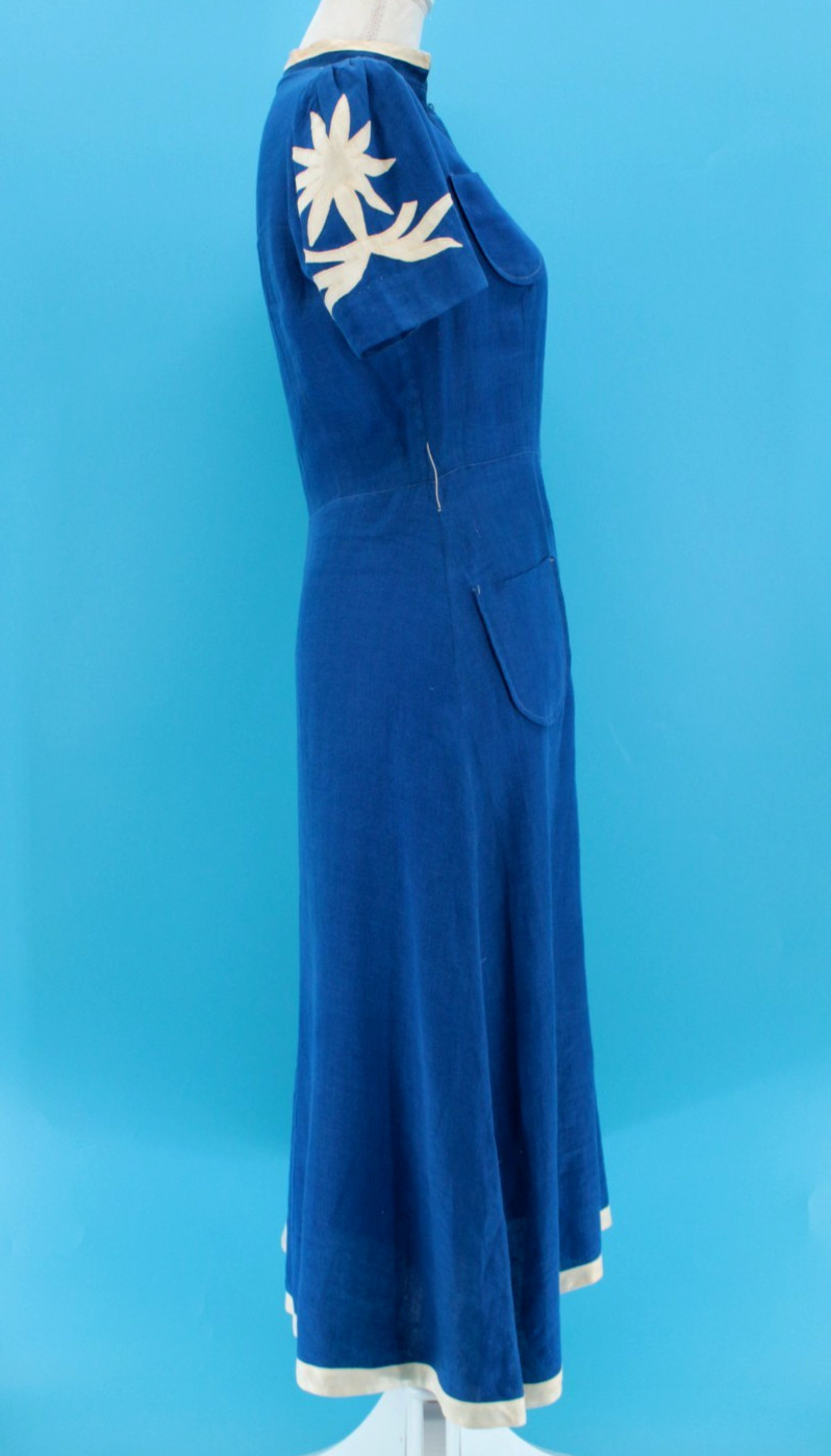 VTG Women’s 30s Royal Blue A Line Dress W/ Floral Applique’ Sleeves Sz S 1930s