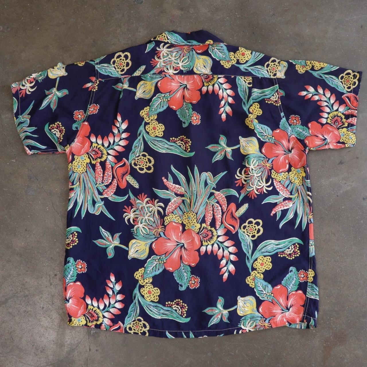 Vintage 40s 50s Rayon Hawaiian Shirt Navy Floral Made in Hawaii Coconut Era S/M