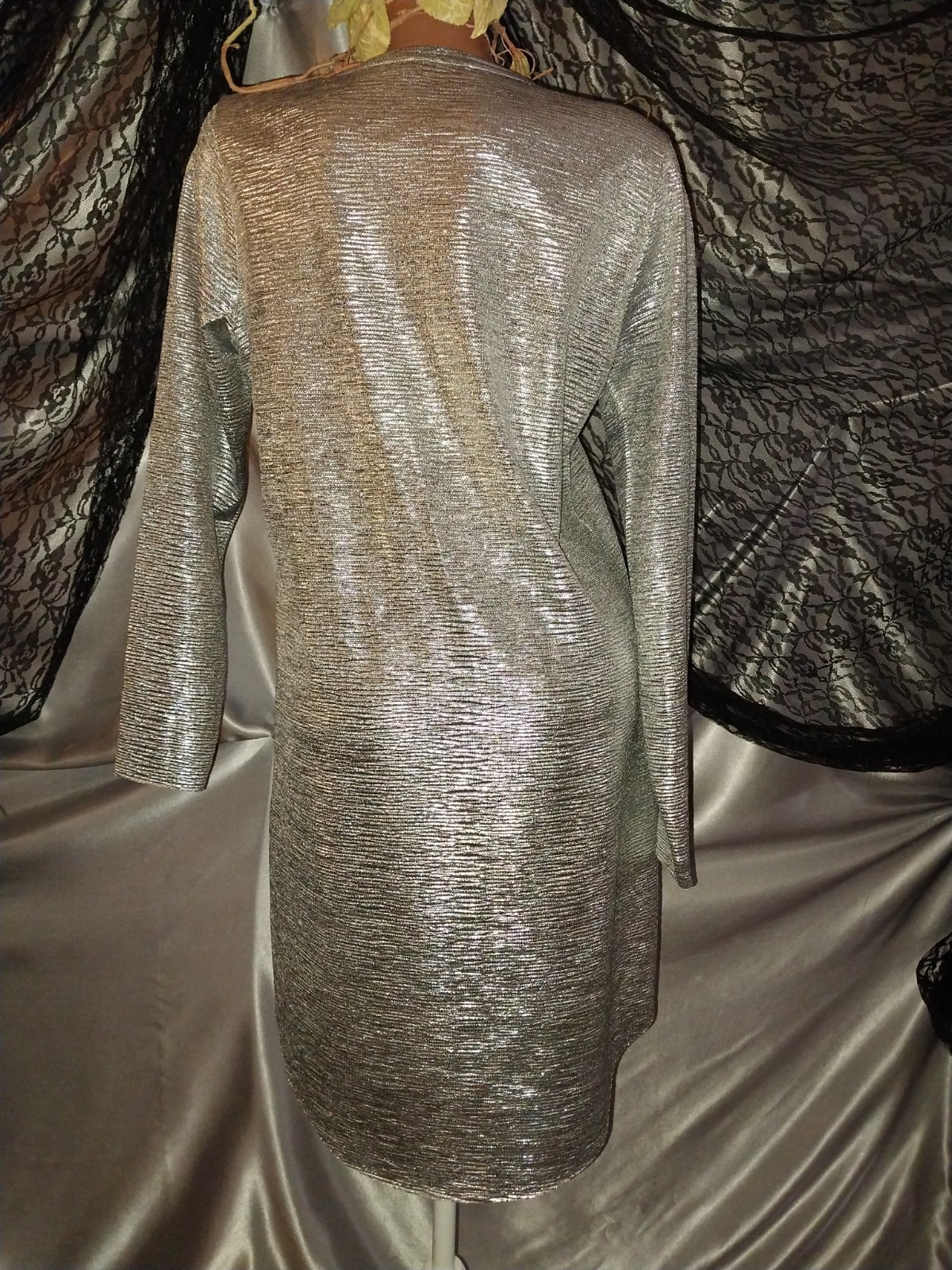 VTG Satin Shiny CHROME SILVER LAME LONG SLV NWOT BLOUSE TUNIC SHIRT TOP DISCO