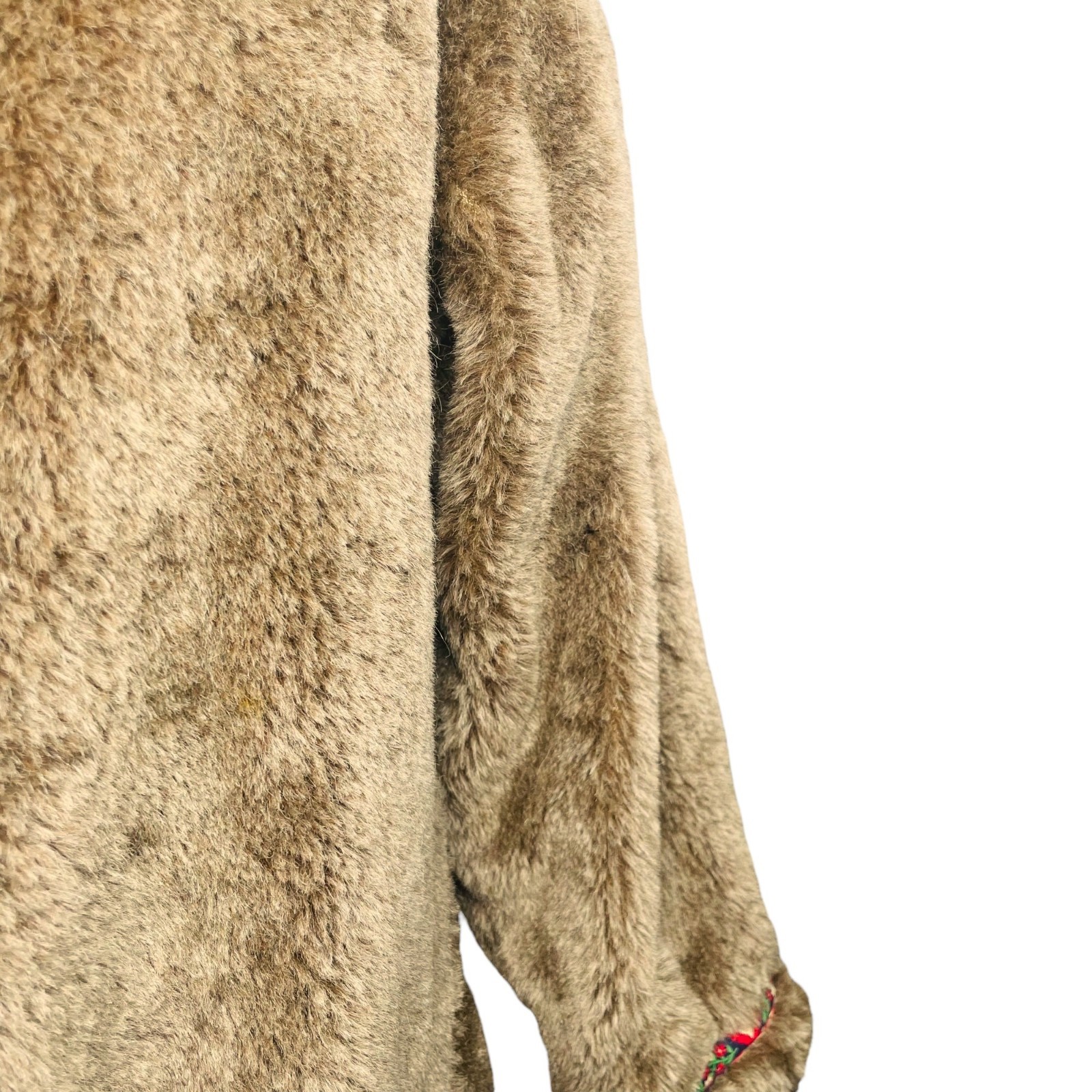 Vintage 70s Hooded Fur Parka Coat Floral Heart Jacquard Ribbon Small – Medium