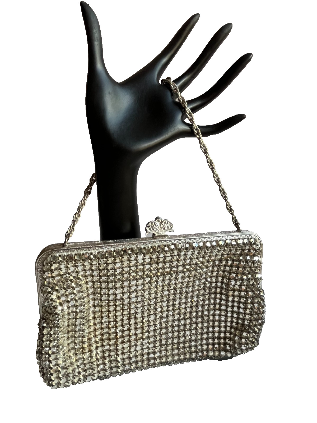 Bon Marche West Germany Rhinestone Crystal Silver Clutch Purse Evening Bag Vtg