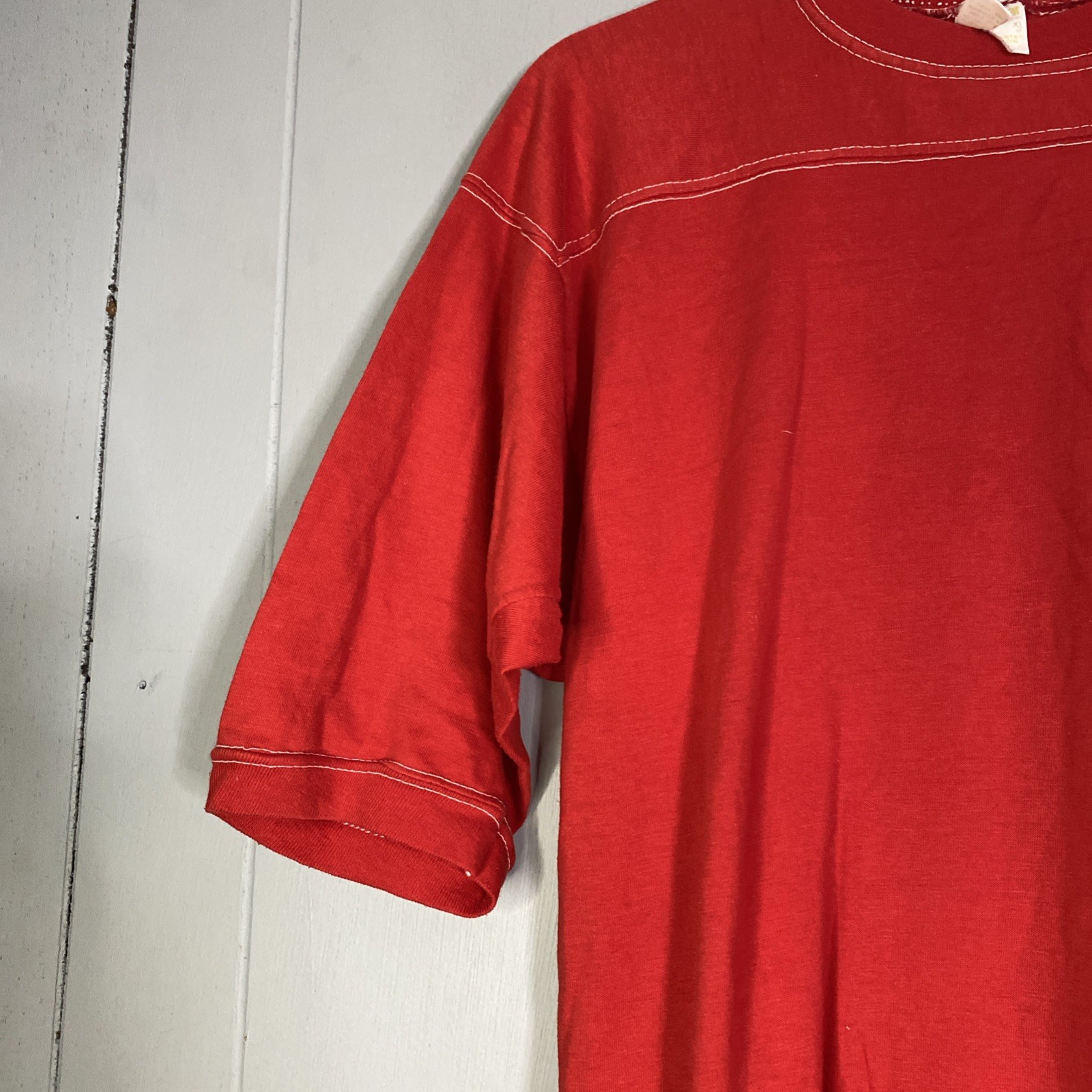 Vintage 80s Single Stitch T Shirt Red Sportswear Ringer Sleeve 19×29 Fits Medium